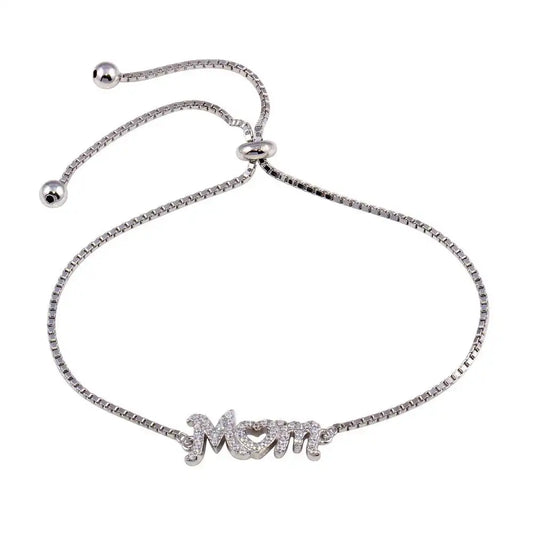 925 Sterling Silver Rhodium Plated Lariat Mom CZ Bracelet