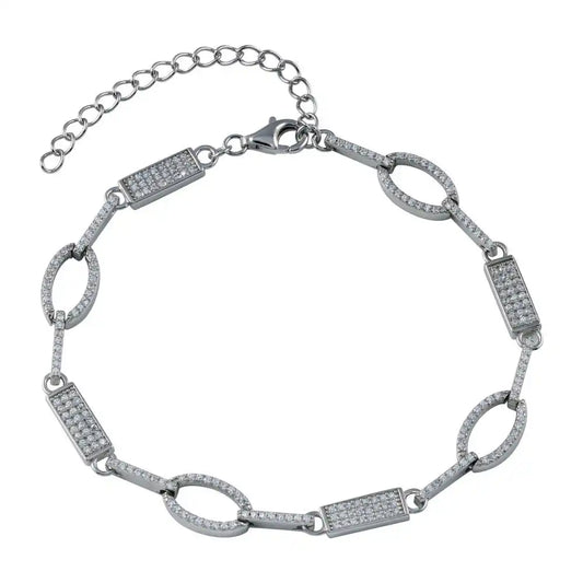 925 Sterling Silver Rhodium Plated Oval and Bar CZ Bracelet