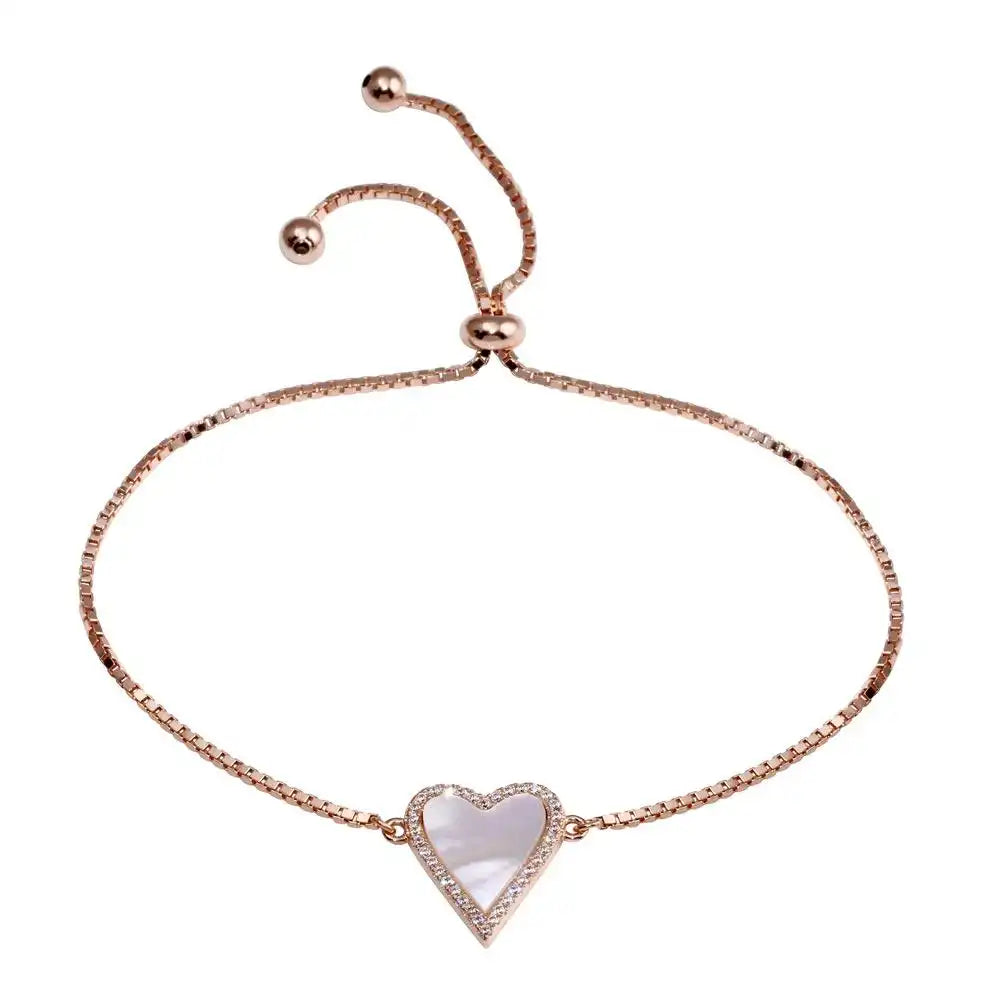 925 Sterling Silver Rose Gold Plated Lariat MOP CZ Heart Bracelet