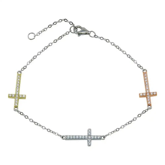 925 Sterling Silver Multi Plated CZ Cross Charm Bracelet