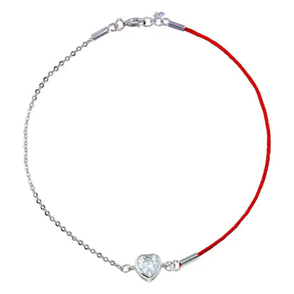 925 Sterling Silver Rhodium Plated Single Heart CZ Red Cord Bracelet