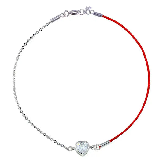 925 Sterling Silver Rhodium Plated Single Heart CZ Red Cord Bracelet