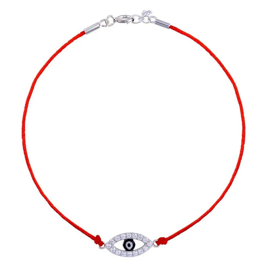 925 Sterling Silver Rhodium Plated Evil Eye CZ Red Cord Bracelet
