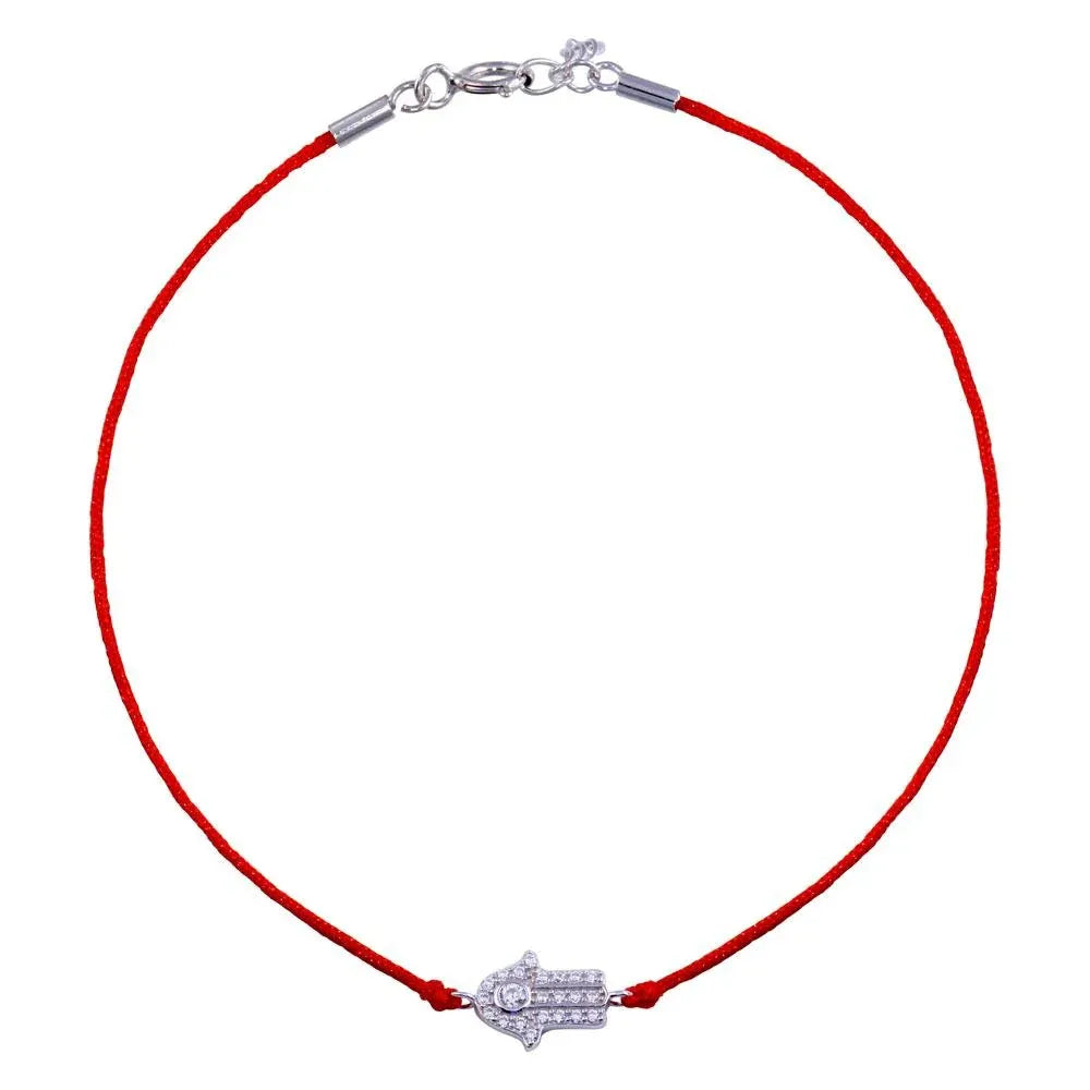 925 Sterling Silver Rhodium Plated Hamsa Hand CZ Red Cord Bracelet