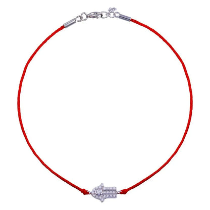 925 Sterling Silver Rhodium Plated Hamsa Hand CZ Red Cord Bracelet