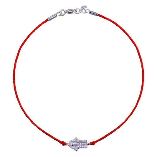 925 Sterling Silver Rhodium Plated Hamsa Hand CZ Red Cord Bracelet
