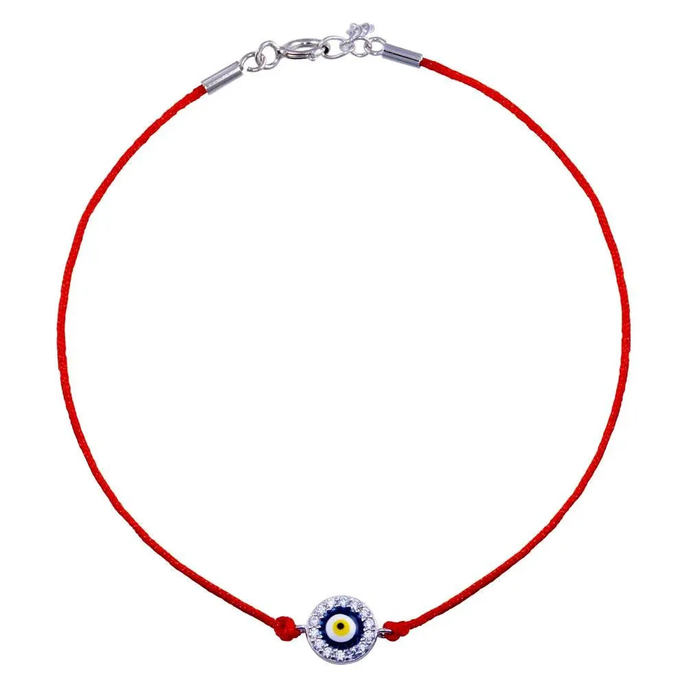 925 Sterling Silver Rhodium Plated Round Evil Eye CZ Red Cord Bracelet