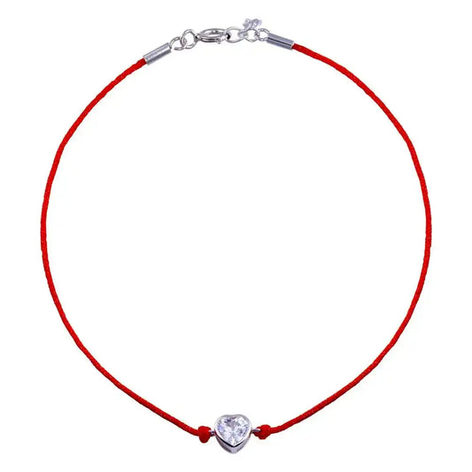 925 Sterling Silver Rhodium Plated Single Heart CZ Red Cord Bracelet