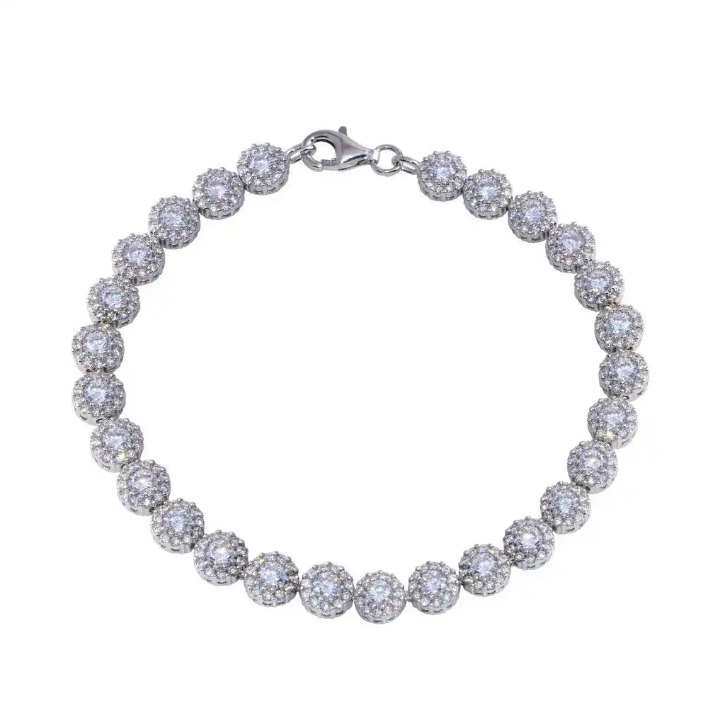925 Sterling Silver Rhodium Plated Flower Clear CZ Bracelet