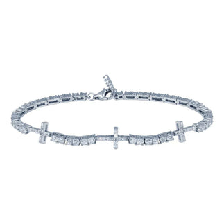 925 Sterling Silver Rhodium Plated 7.6mm Cross Link CZ Tennis Bracelet