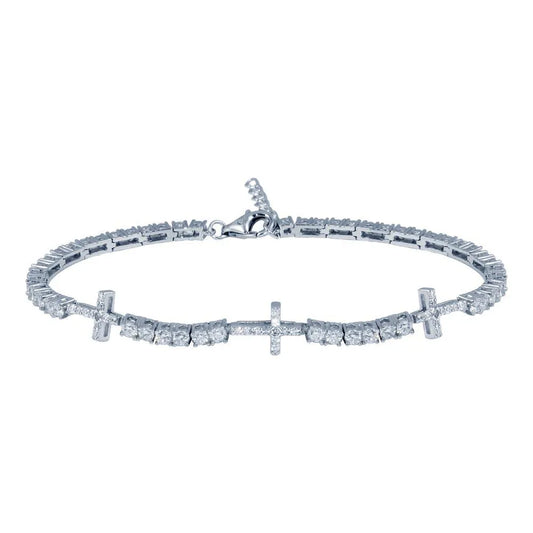 925 Sterling Silver Rhodium Plated 7.6mm Cross Link CZ Tennis Bracelet