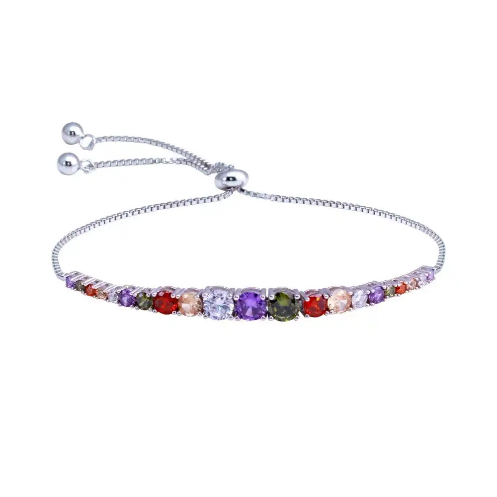 925 Sterling Silver Rhodium Plated Round Multicolor CZ Link Adjustable Bracelets