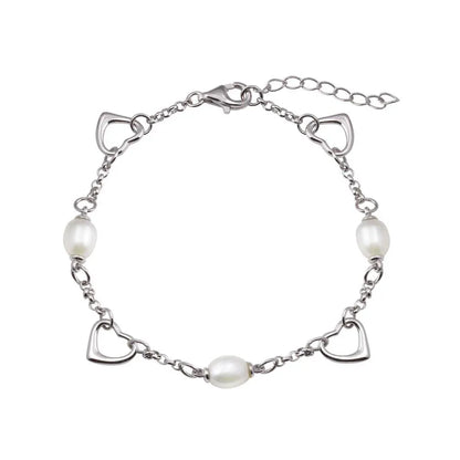 925 Sterling Silver Rhodium Plated Heart Mother of Pearl Adjustable Bracelet