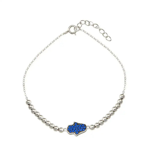 925 Sterling Silver Rhodium Plated Square Hamsa Bead Blue CZ Adjustable Bracelet