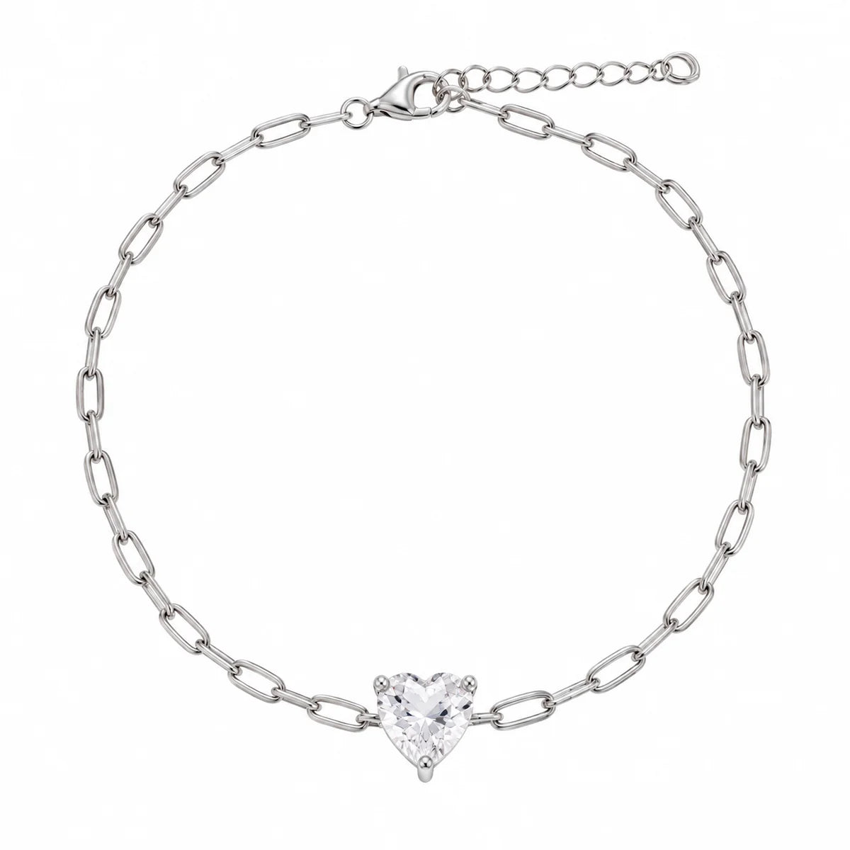 925 Sterling Silver Rhodium Plated CZ Heart Paper Link Chain Bracelet