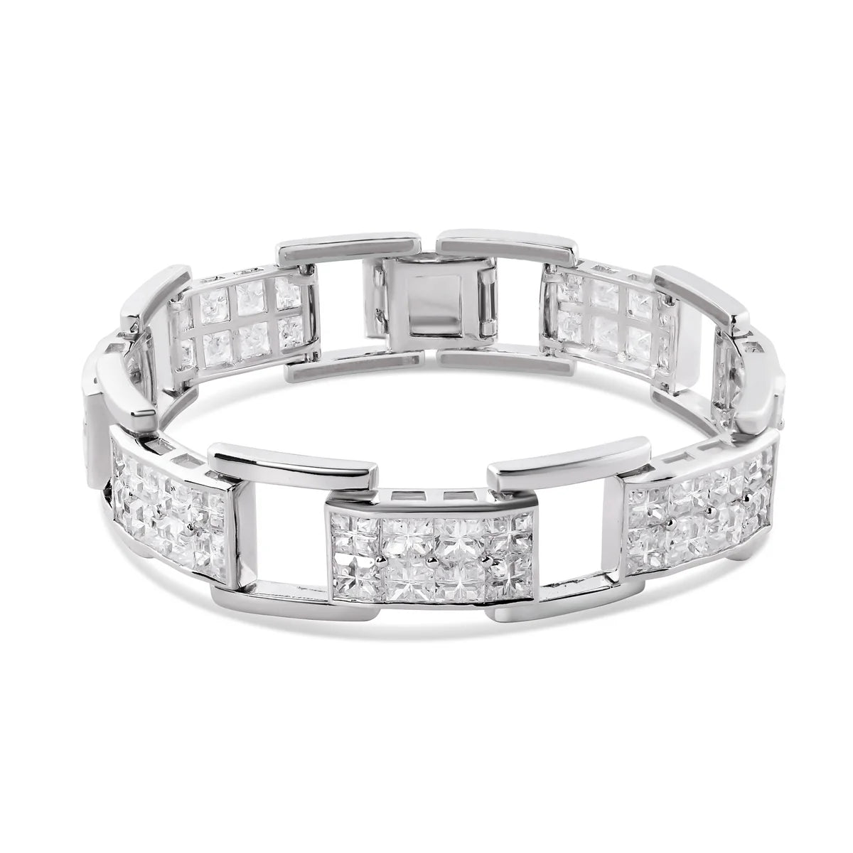 925 Sterling Silver Rhodium Plated Link Clear Square CZ Studded Men's Bracelet