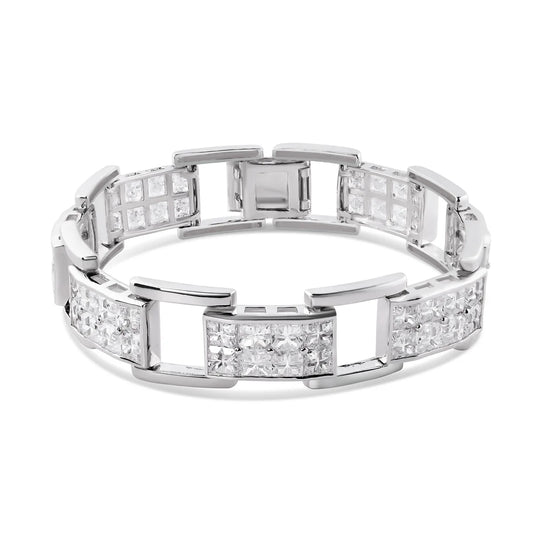 925 Sterling Silver Rhodium Plated Link Clear Square CZ Studded Men's Bracelet