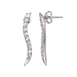 925 Silver Rhodium Plated CZ Thin Wavy Stud Earrings