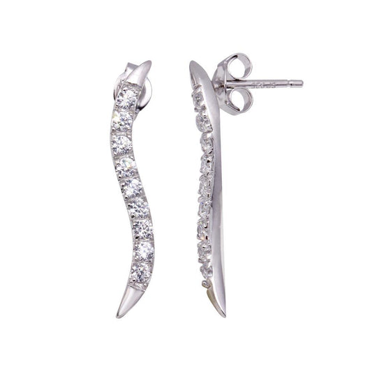 925 Silver Rhodium Plated CZ Thin Wavy Stud Earrings