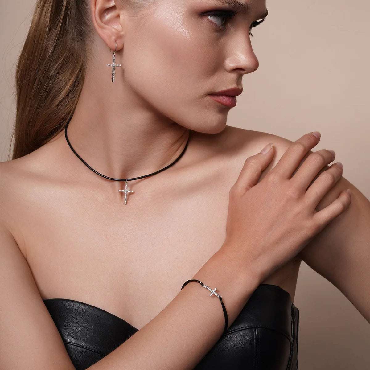 925 Silver Rhodium Plated Sideways Cross CZ Black Leather Cord Bracelet