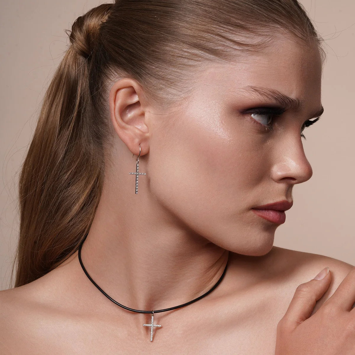 925 Silver Rhodium Plated Cross CZ Dangling Hook Earrings