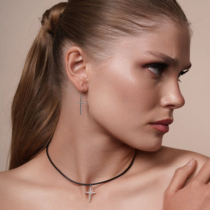 925 Silver Rhodium Plated Cross CZ Dangling Hook Earrings