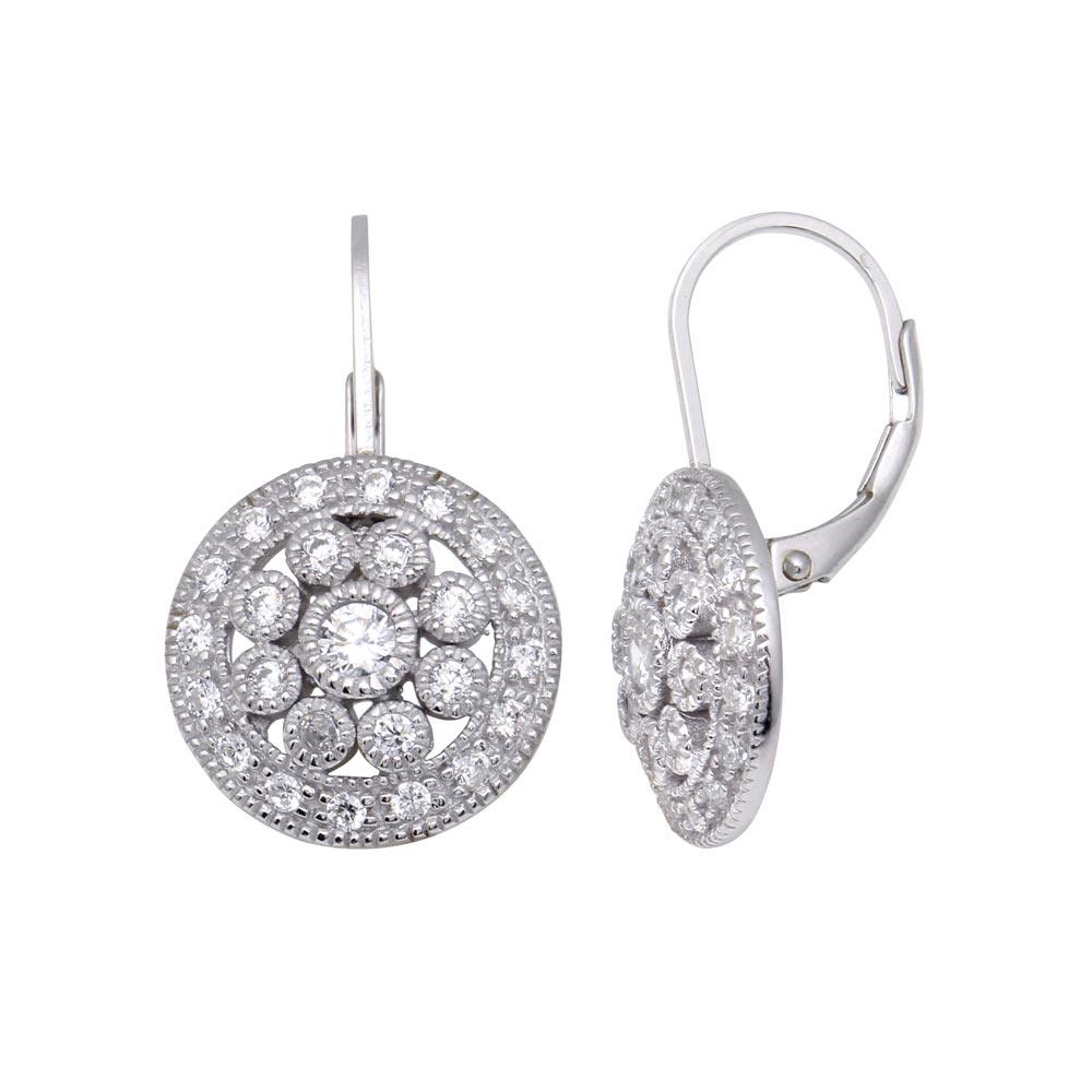 925 Silver Rhodium Plated Round Cluster CZ Hook Earrings