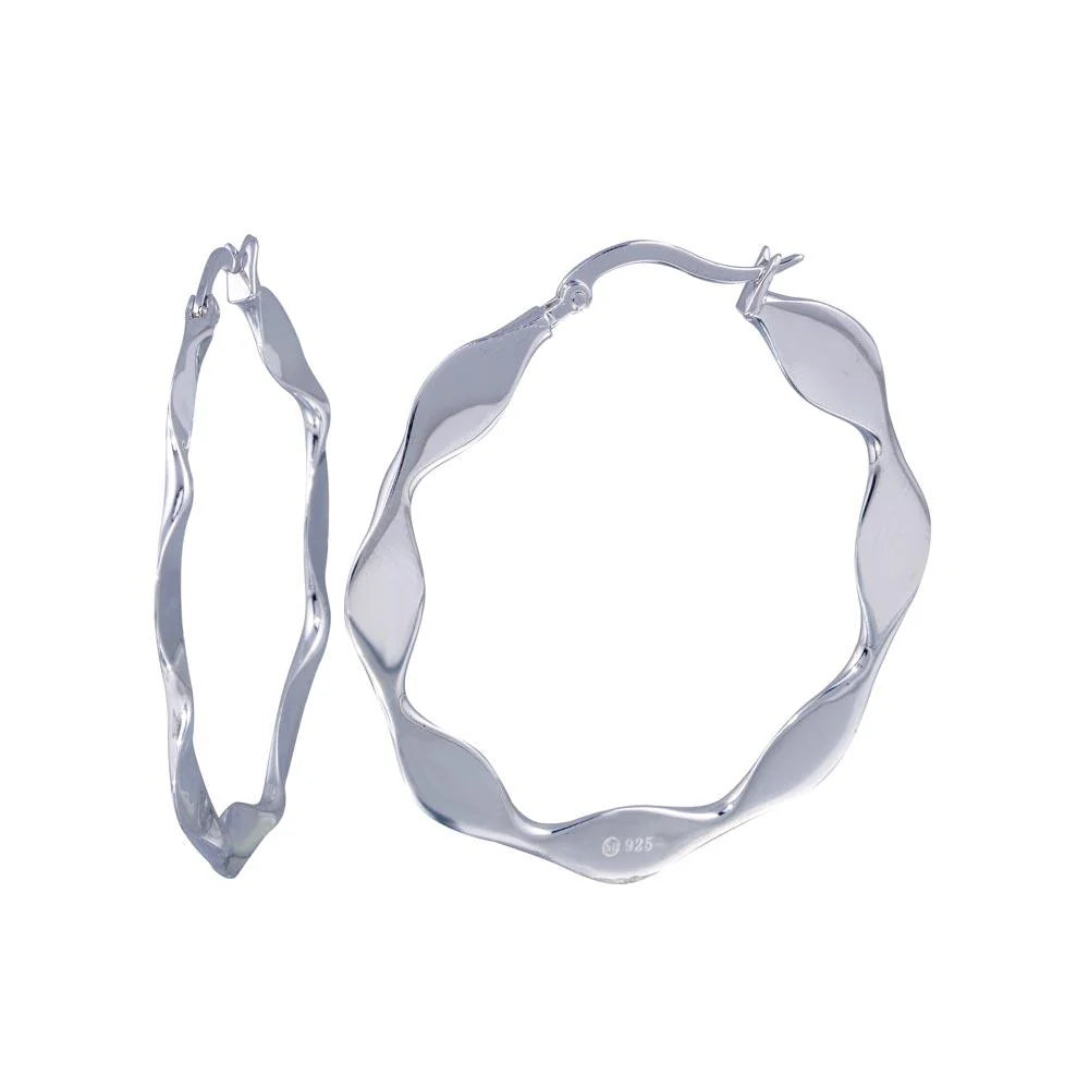 925 Silver Clearance-Rhodium Plated Wavy Circle Hoop Earrings