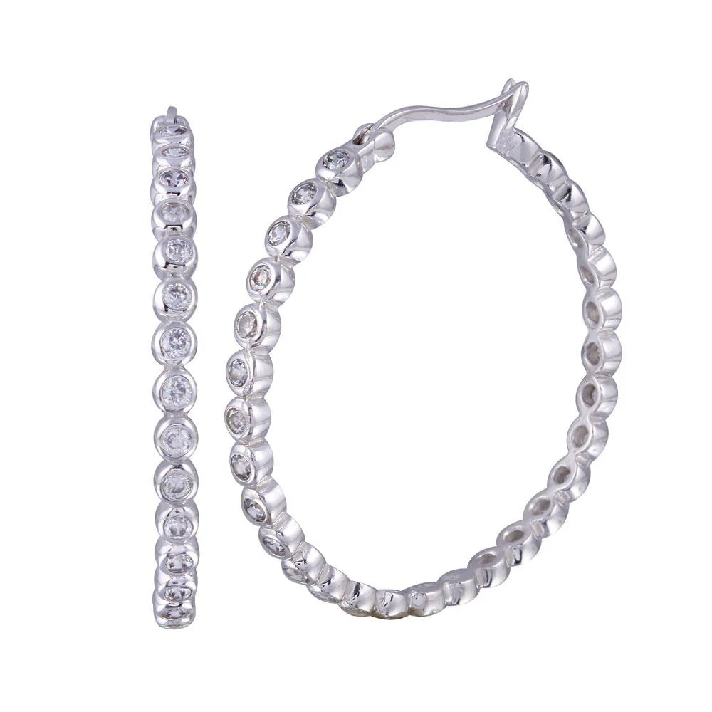925 Silver Rhodium Plated Round CZ Hoop Earrings