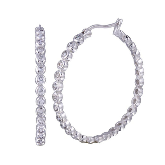 925 Silver Rhodium Plated Round CZ Hoop Earrings