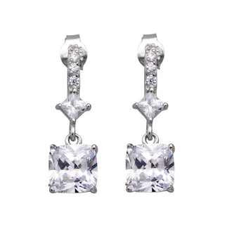 925 Silver Rhodium Plated Square CZ Dangling Post Earrings