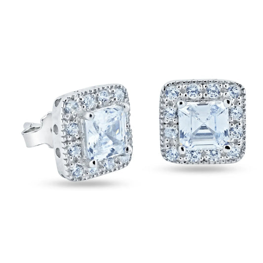925 Sterling Silver Rhodium Plated Square Cluster CZ Stud Earrings