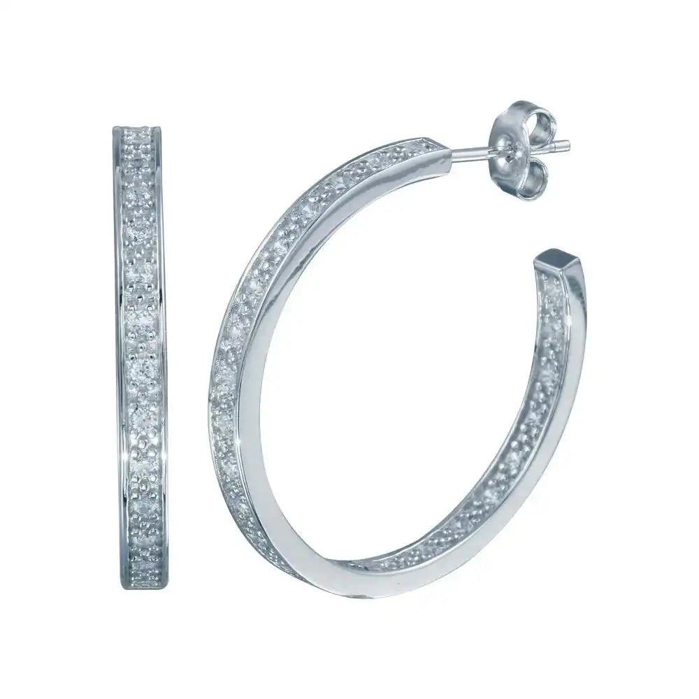 925 Sterling Silver Rhodium Plated Round CZ Hoop Earring