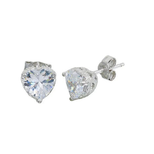 925 Sterling Silver Rhodium Plated Heart CZ Stud Earrings