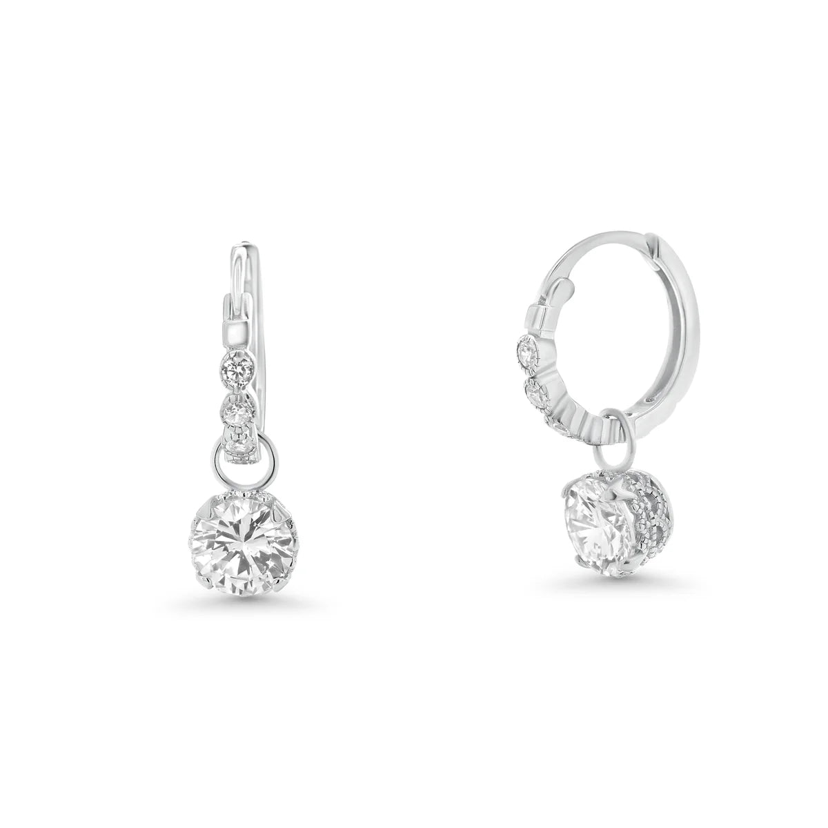 925 Silver Rhodium Plated Round CZ Dangling Hoop Earrings