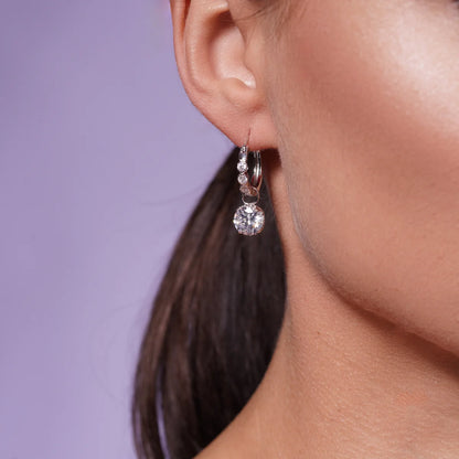 925 Silver Rhodium Plated Round CZ Dangling Hoop Earrings