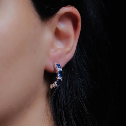 925 Sterling Silver Rhodium Plated Crescent Blue Baguette CZ huggie hoop Earrings
