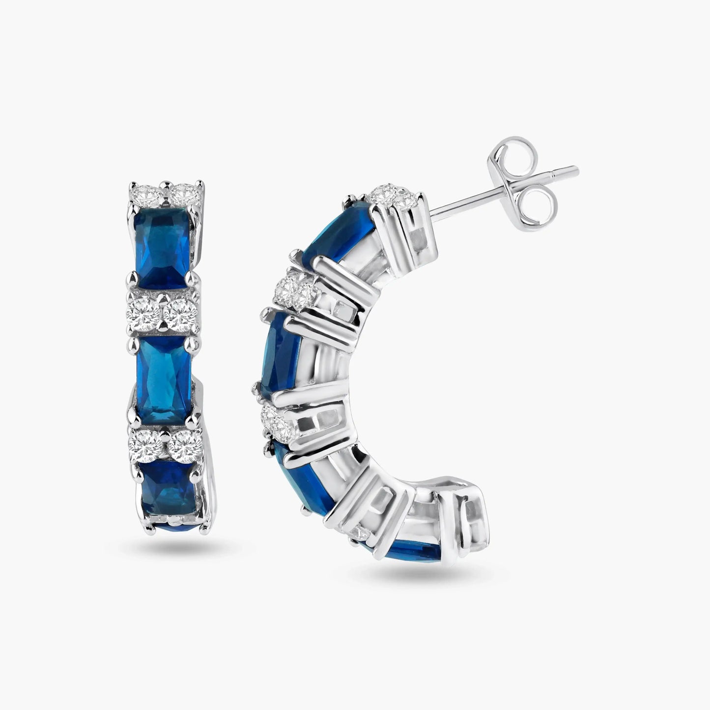 925 Sterling Silver Rhodium Plated Crescent Blue Baguette CZ huggie hoop Earrings