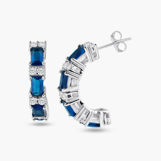 925 Sterling Silver Rhodium Plated Crescent Blue Baguette CZ huggie hoop Earrings