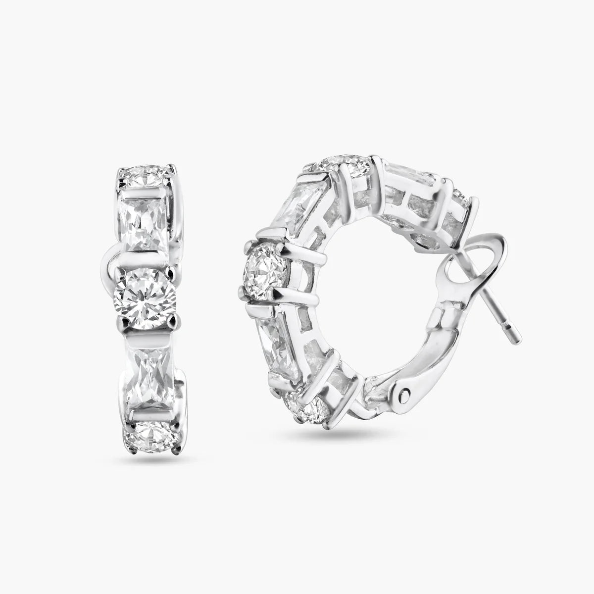 925 Silver Rhodium Plated Clear Baguette CZ Hoop Earrings