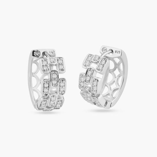 925 Silver Rhodium Plated Baguette Alternated Clear CZ Hoop Earrings