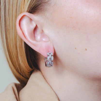 925 Silver Rhodium Plated Baguette Alternated Clear CZ Hoop Earrings