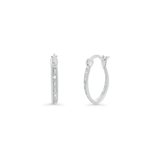 925 Sterling Silver Rhodium Plated Round Clear CZ Hoop Earrings