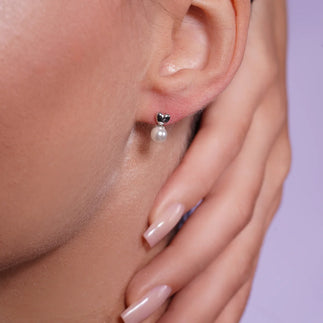 925 Silver Heart Rhodium Plated Synthetic Pearl Stud Earrings
