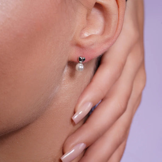 925 Silver Heart Rhodium Plated Synthetic Pearl Stud Earrings