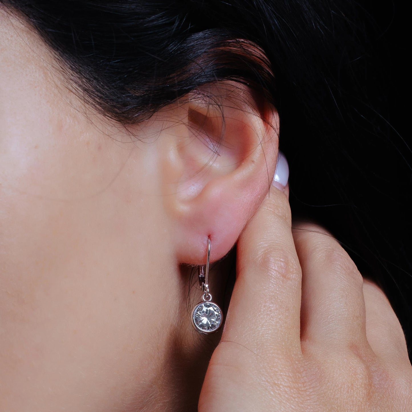 925 Silver Rhodium Plated Round Clear CZ Dangling Hook Earrings