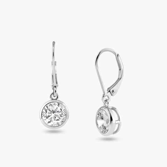 925 Silver Rhodium Plated Round Clear CZ Dangling Hook Earrings