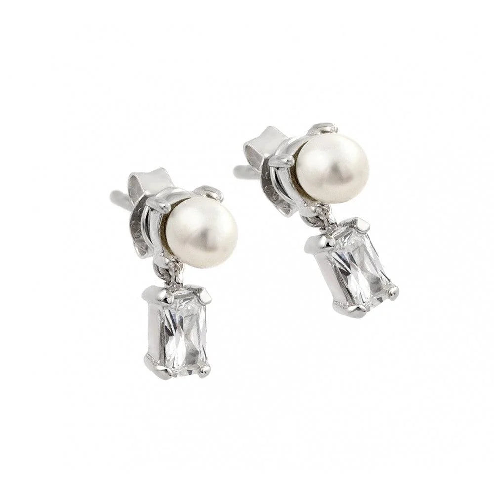 925 Silver Rhodium Plated Baguette Clear CZ Pearl Dangling Stud Earrings