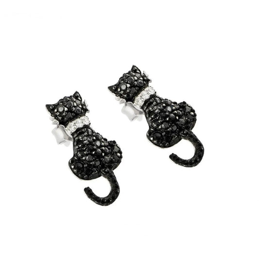 925 Sterling Silver Black and Rhodium Plated Cat Black and Clear CZ Dangling Stud Earrings