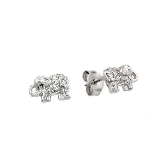 925 Sterling Silver Rhodium Plated Elephant Clear CZ Stud Earrings